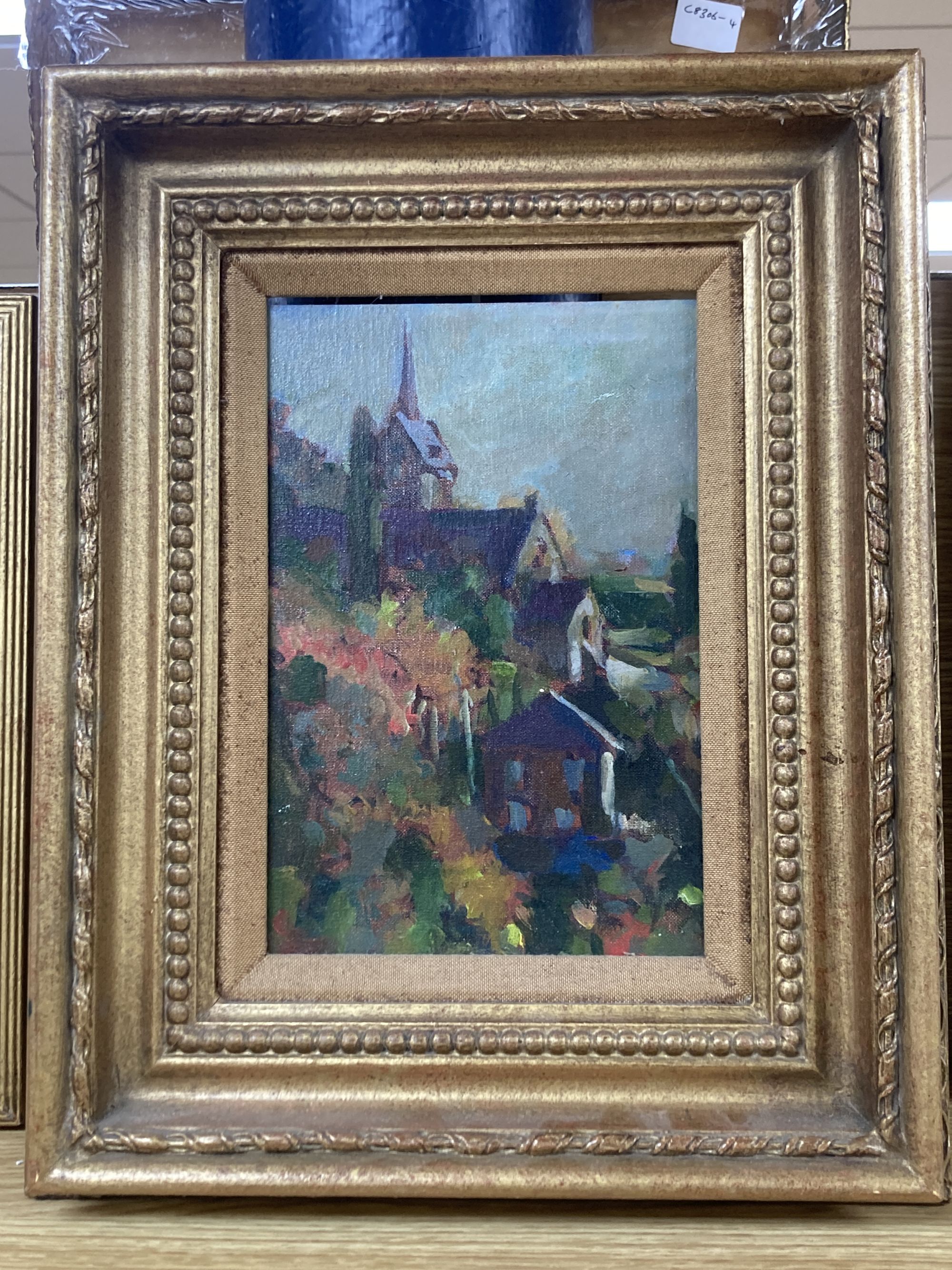 John Speirs, oil on canvas board, View of a hillside church, 24 x 16cm